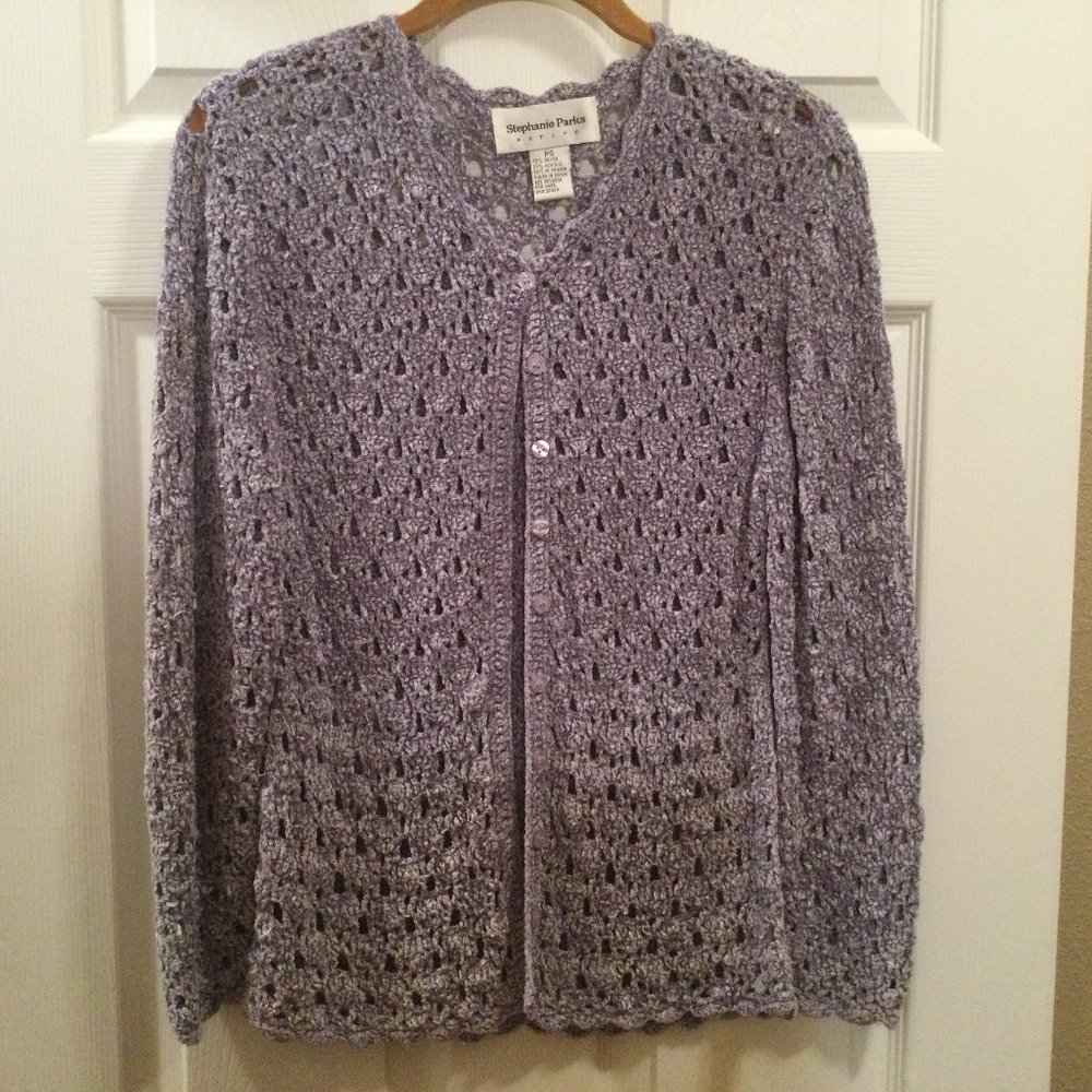 Stephanie Parks Lavendar Crochet Cardigan button up PETITE Small
